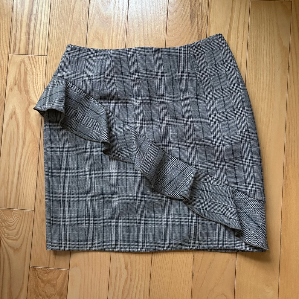 LF Love Brown and Grey Plaid Ruffle Mini Pencil Skirt S